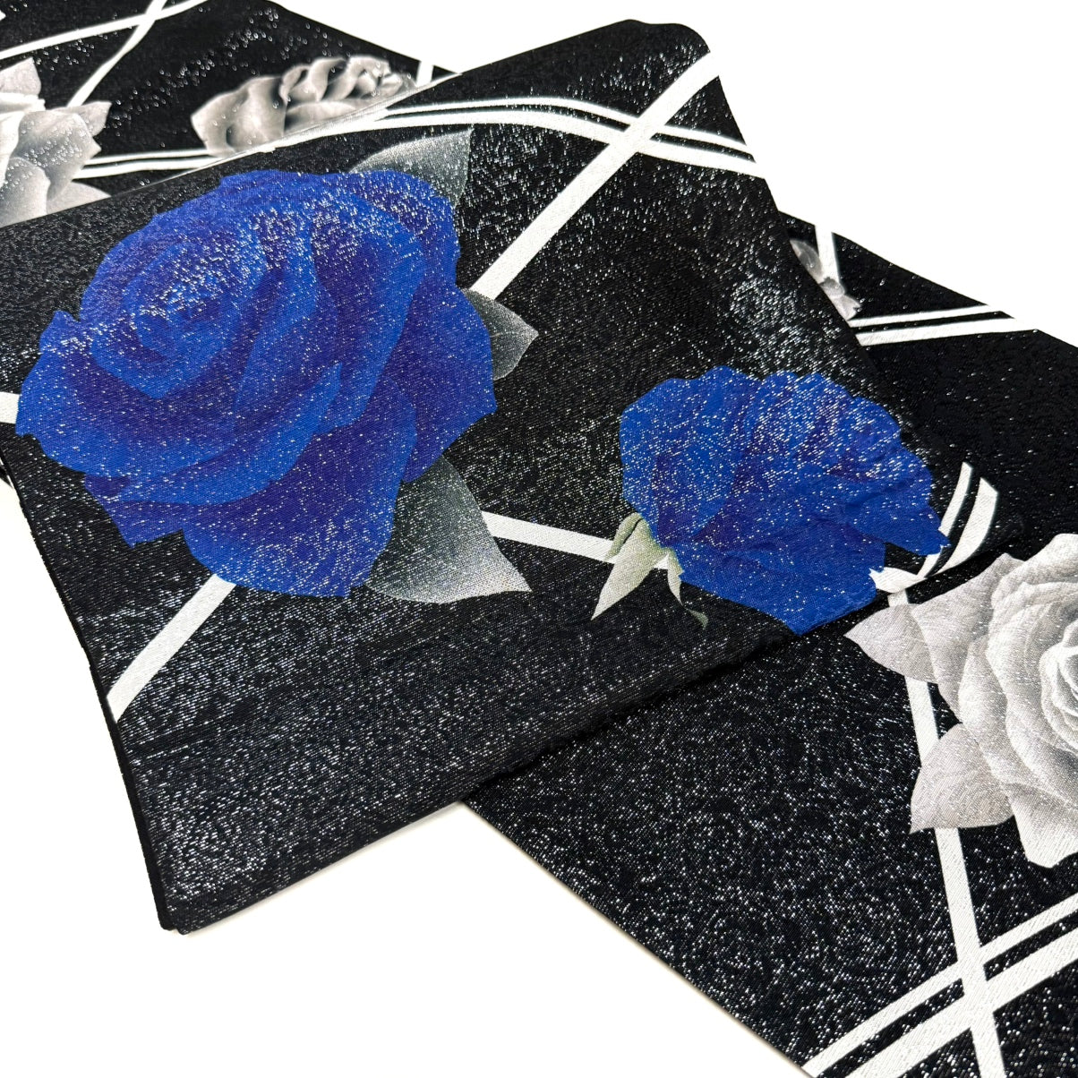 高級結び帯 薔薇 黒 YOSHIKIMONO 帯 裂取薔薇 black